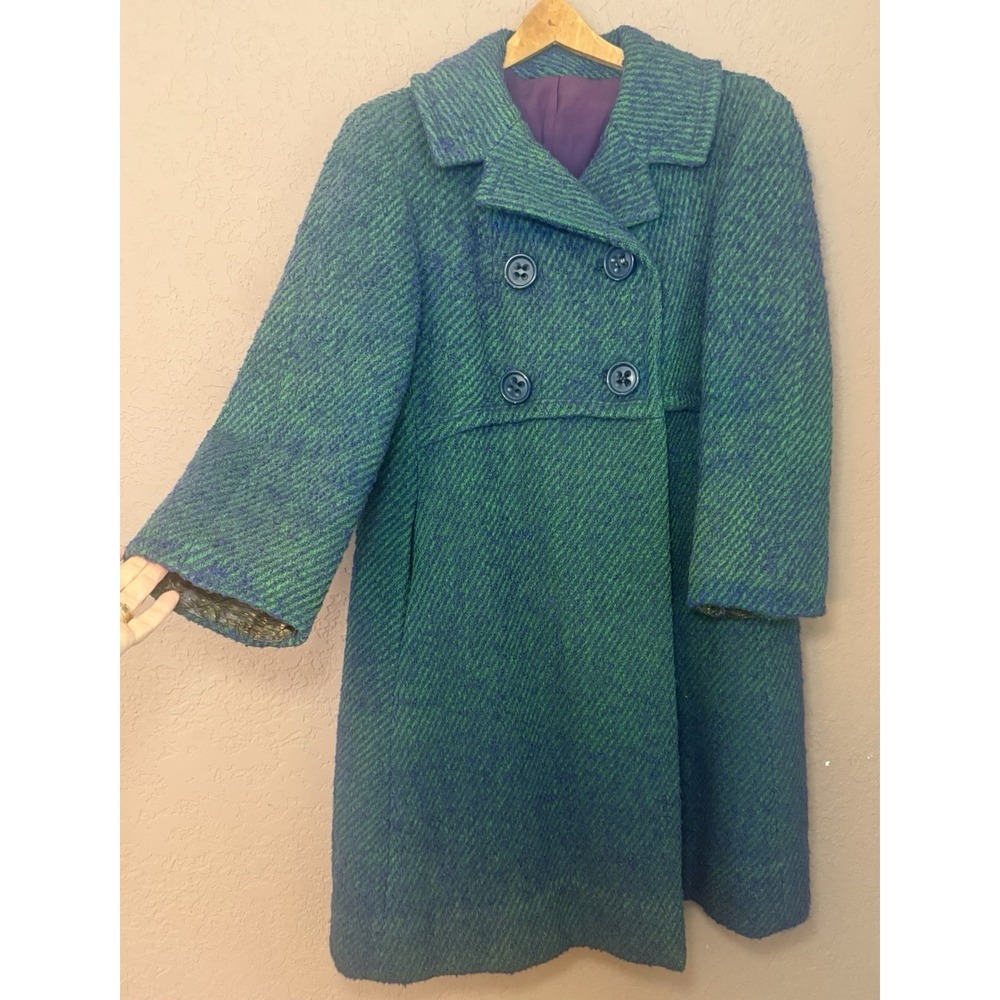 VINTAGE Purple Green Knit Blend Lined Mid Century Modern Double Breasted Coat M